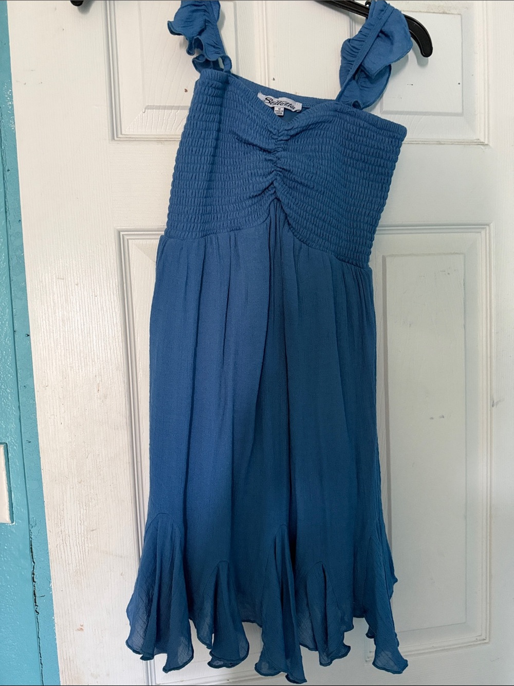 Smocked Ruffle-Strap Mini Dress in Blue